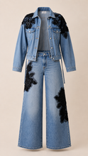 Load image into Gallery viewer, Black Flower Denim Two Piece Set
