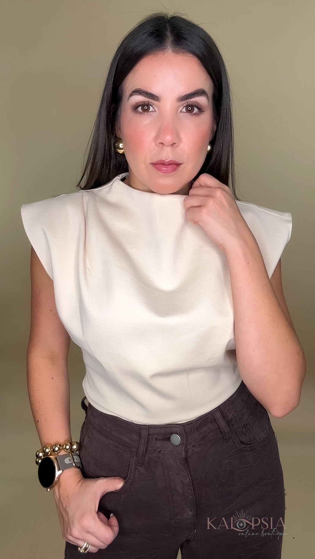 High Neck Stretchy Top - Beige