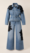 Load image into Gallery viewer, Black Flower Denim Two Piece Set
